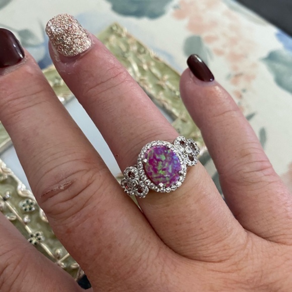 Sterling silver pink opal w/ rhinestones ring, Sz. 7